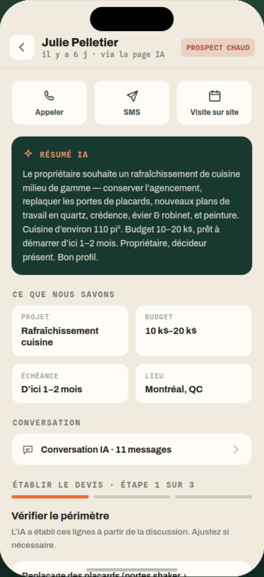 Vue mobile d’un prospect chaud avec résumé IA