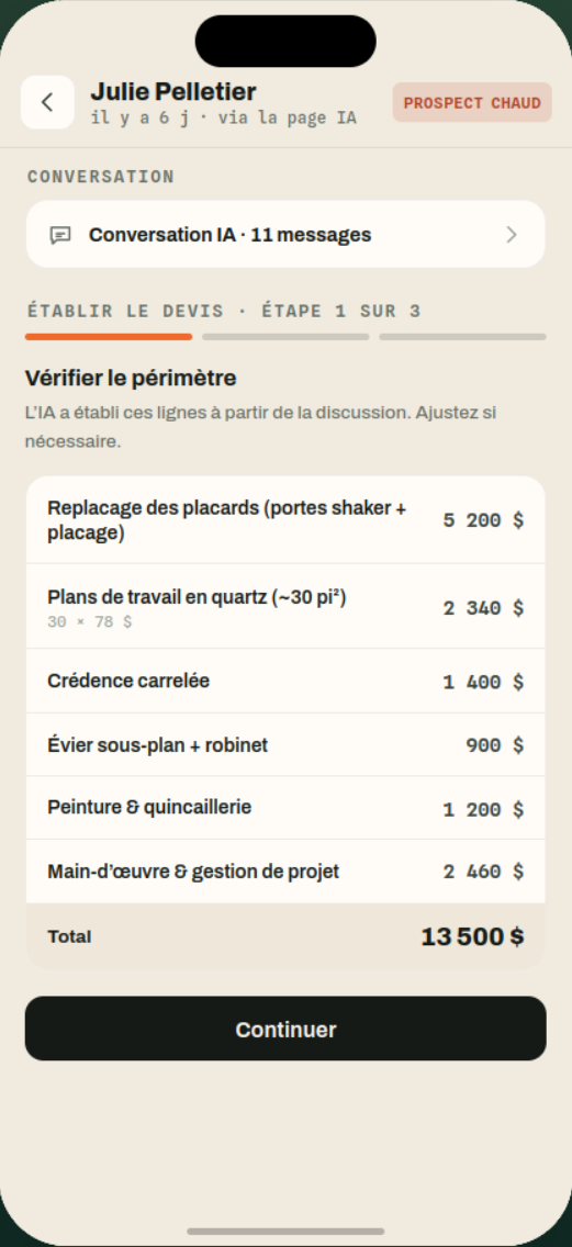 Vue mobile de la préparation d’un devis pour un prospect