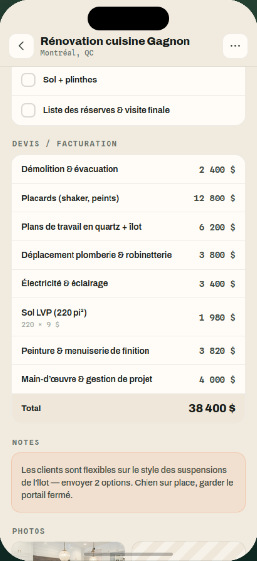 Vue mobile de la suite du détail d’une job