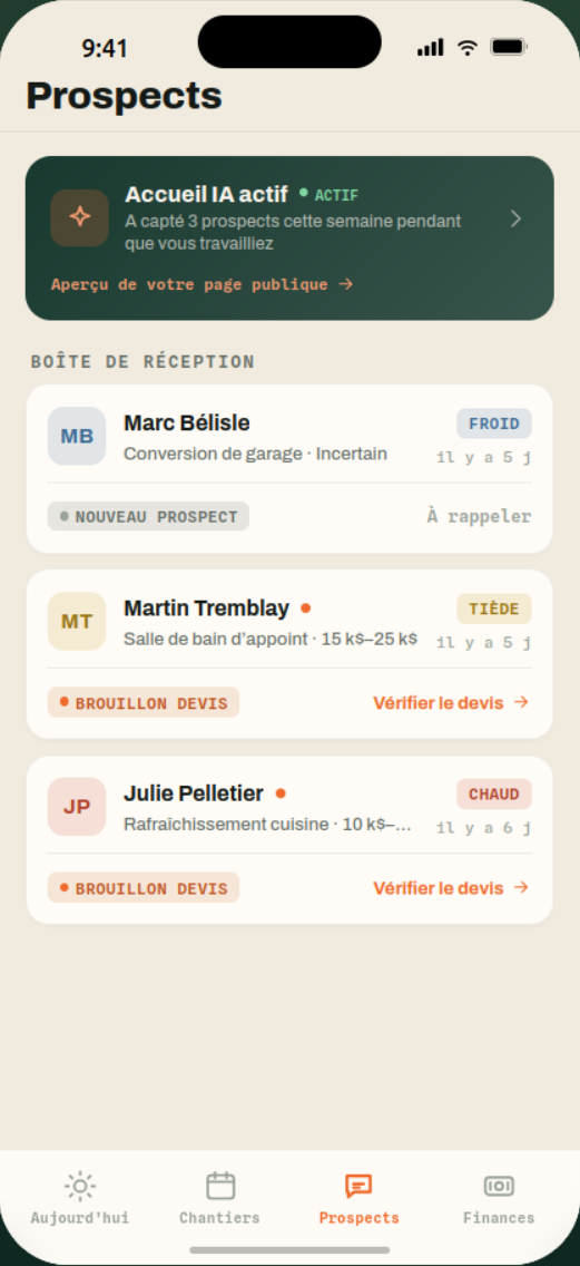 Vue mobile des prospects à qualifier