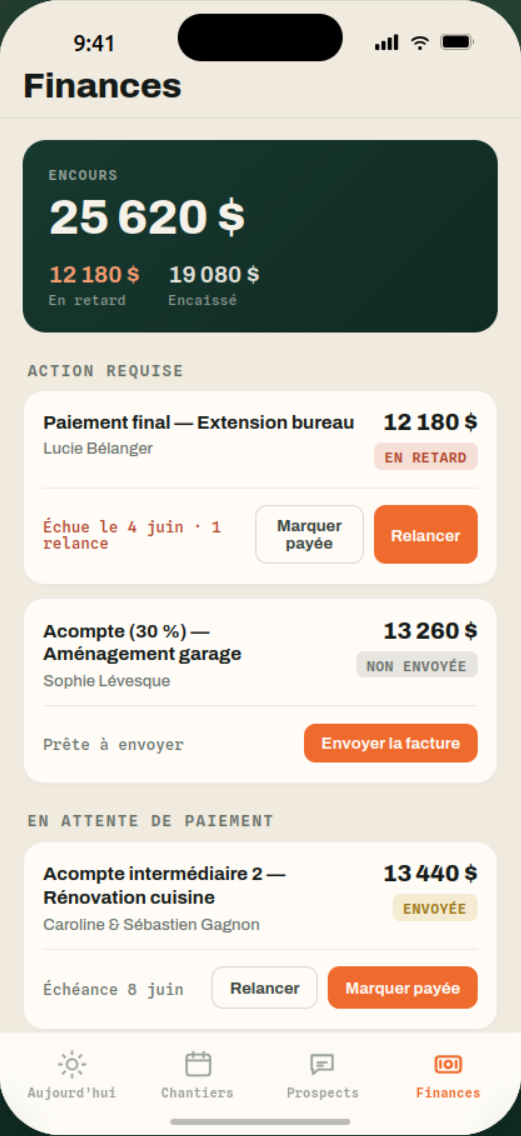 Vue mobile du suivi financier