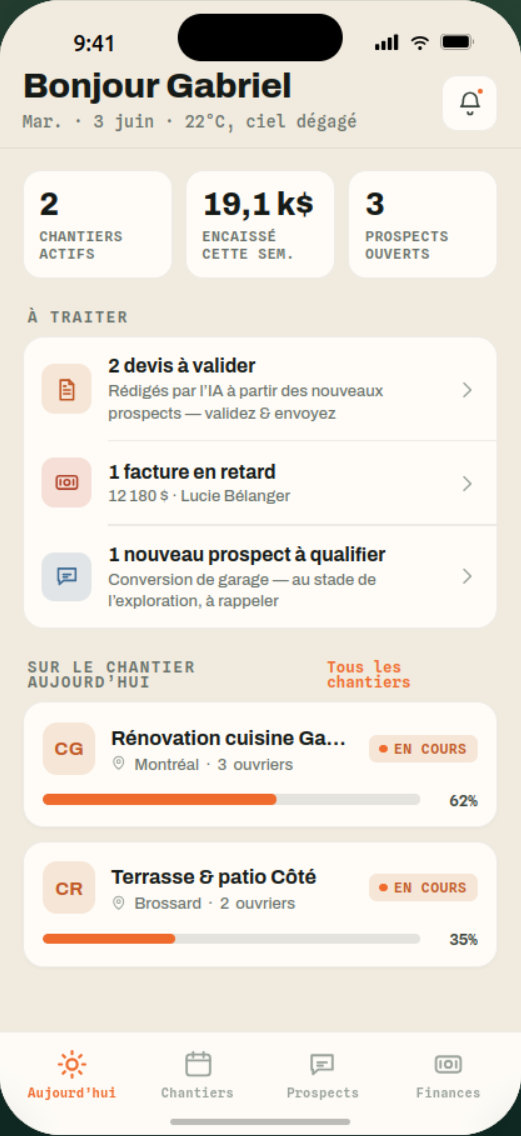 Vue mobile du tableau de bord quotidien